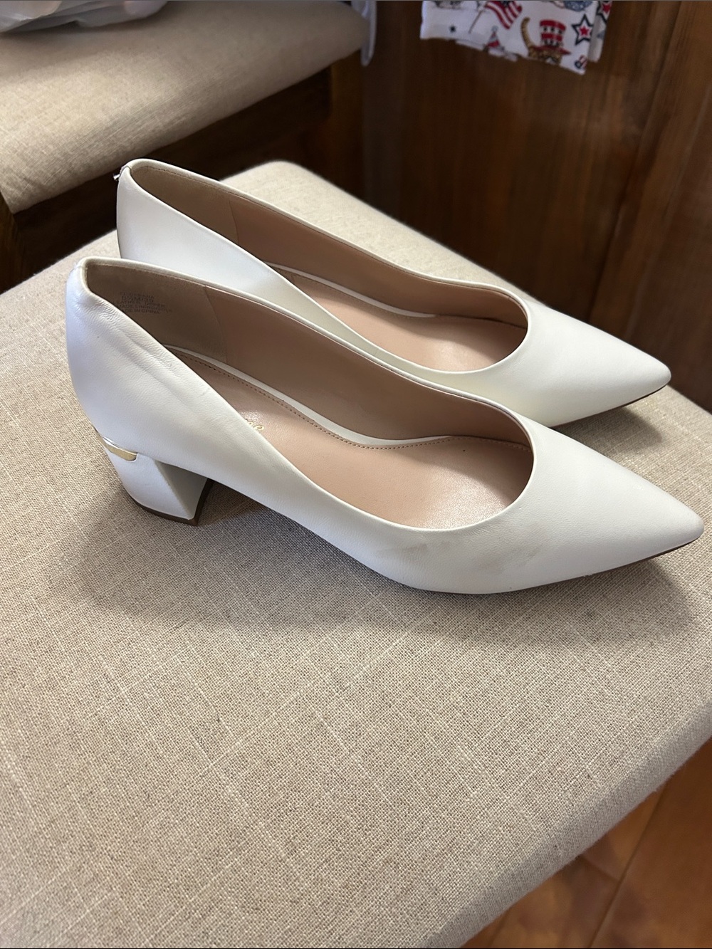 Essex Lane Cream Pointed Block Heel Pumps with Gold Accent